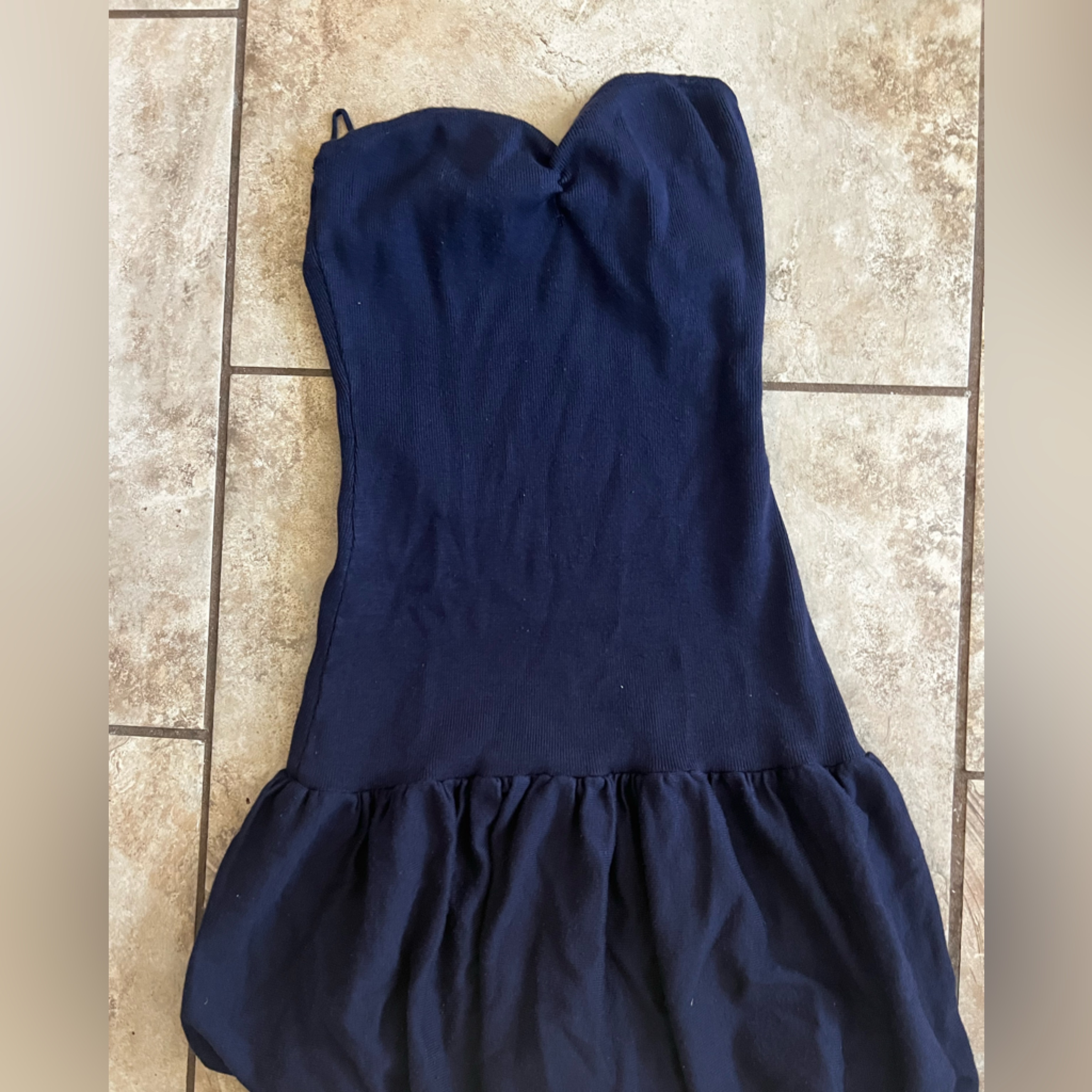 Navy Blue Knit Dress With Gathered Skirt